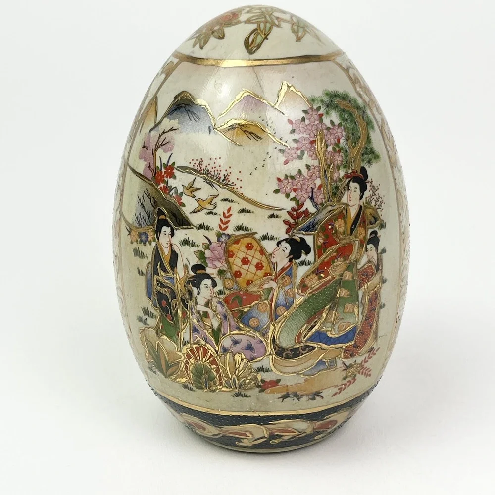 Vtg Royal Satsuma Egg Hand Painted Geisha Porcelain Gilded Hand Painted 6